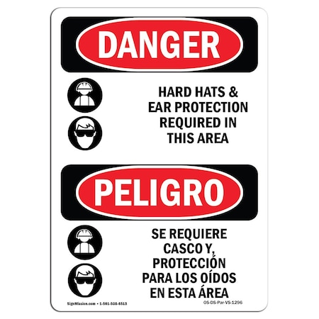 Signmission OSHA, Hard Hats Ear Protection Required Bilingual, 18in X 12in Rigid Plastic, 12" W, 18" H, Spanish OS-DS-P-1218-VS-1296
